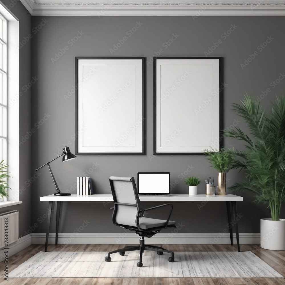 an office with an empty frame on the wall. mockup an office with an empty frame on the wall. mockup