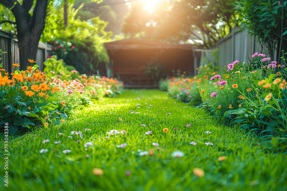 Fototapeta premium A sun-drenched garden pathway lined with bright, colorful flowers and a welcoming gazebo in the background