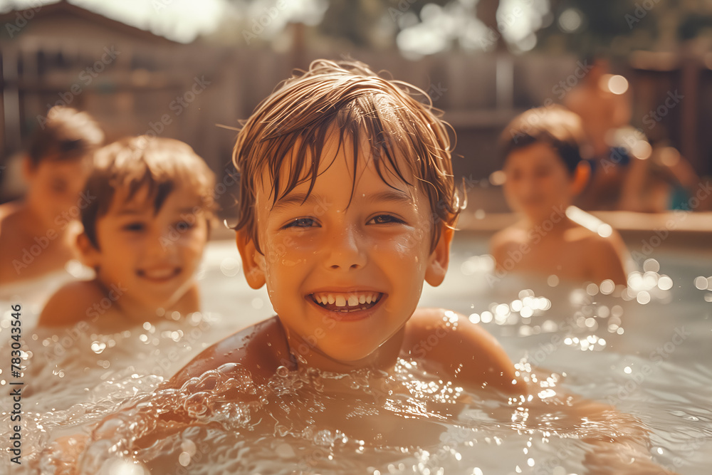 Cheerful kids enjoy a sunny day swimming in a pool with crystal-clear water