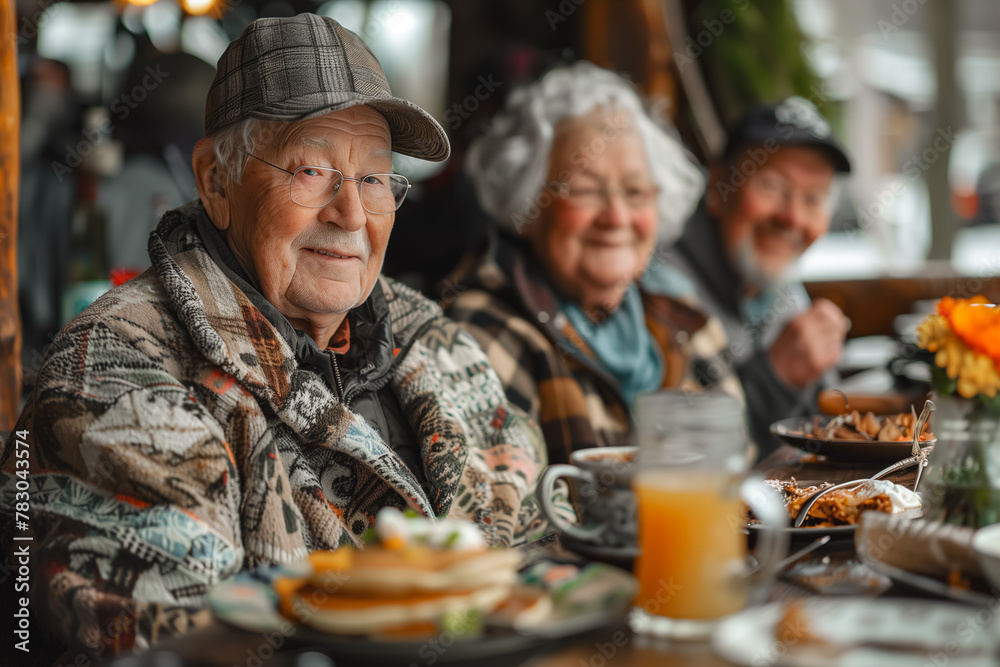 A group of elderly friends share a meal and smiles around a table filled with food