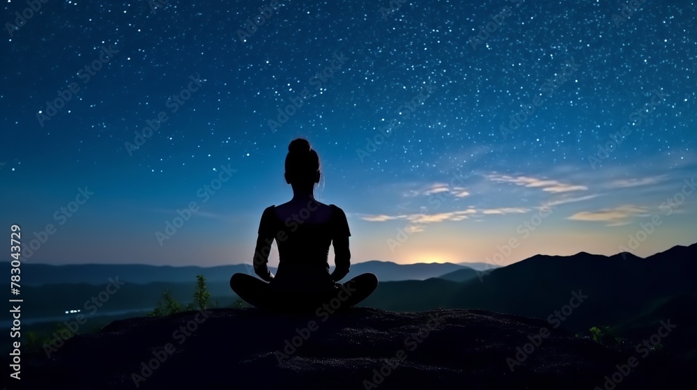 Silhouette of woman practicing yoga on the top of the mountain at night
