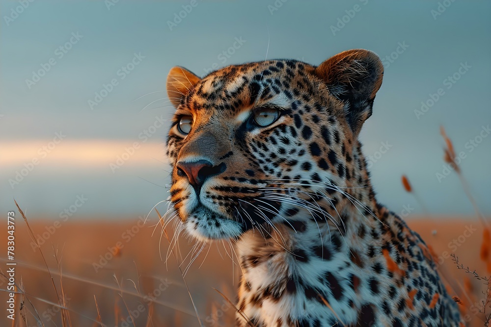 Fototapeta premium Savanna Sovereign: Leopard in the Golden Hour. Concept Wildlife Photography, Golden Hour Lighting, Animal Portraits, Savanna Habitat, Leopard Behavior