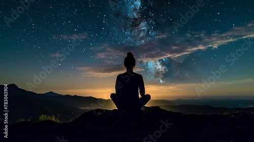 Silhouette of woman practicing yoga on the top of the mountain at night