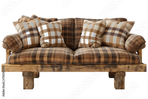 Rustic wooden sofa with comfortable pillows in a warm inviting living space photo