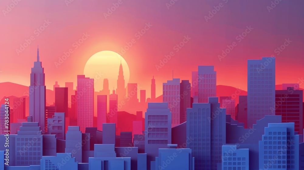 Stylized paper art illustration of a cityscape during sunset with silhouette of skyscrapers against a vibrant orange sky, depicting an urban sunset scene.