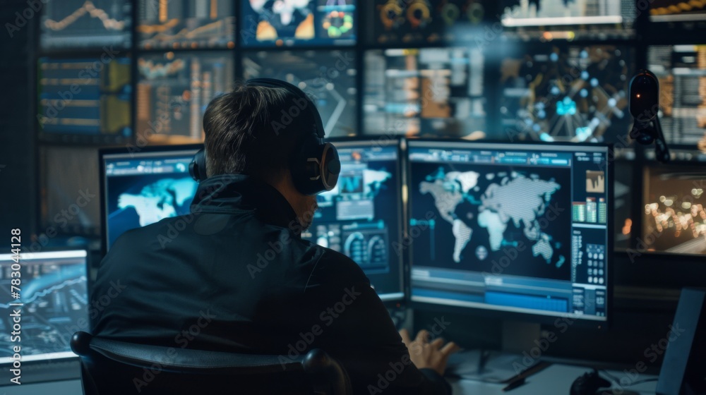 Man Sitting at Desk With Two Computer Monitors Man Sitting at Desk With Two Computer Monitors