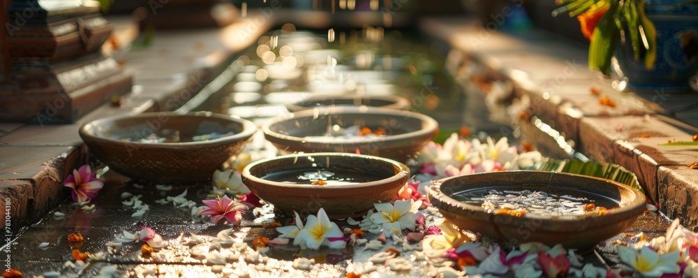 The tranquility of Songkran morning water bowls and jasmine garlands laid out