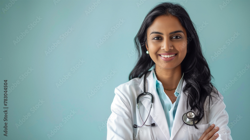 Confident Indian Female Doctor in White Coat with Stethoscope. Professional Medical Healthcare Background with Copy Space. Confident Indian Female Doctor in White Coat with Stethoscope. Professional Medical Healthcare Background with Copy Space.