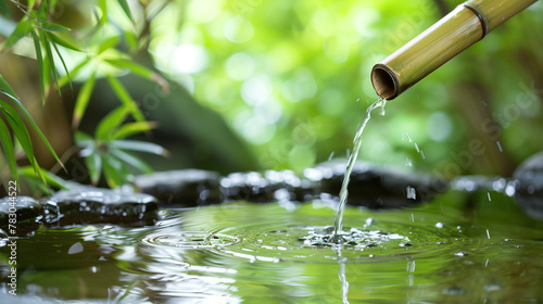 Water Fountain in Nature. Green Plants and Pond Making Serene Oasis in Rain Forest.