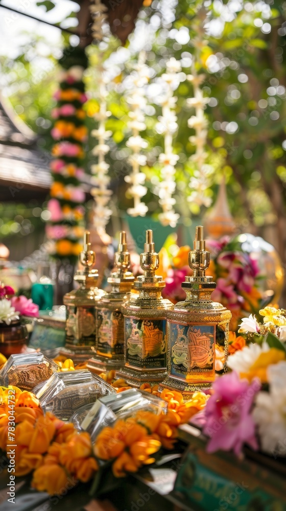 Traditional Thai perfume bottles and jasmine garlands set against a backdrop of Songkran festivities.