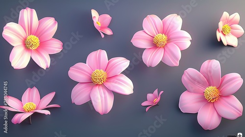 Three-dimensional pink flowers with five petals and a yellow center.