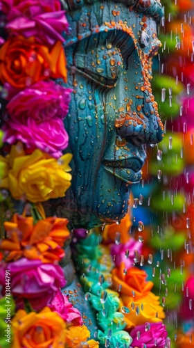 Vibrant Thai garlands and water droplets on Buddha