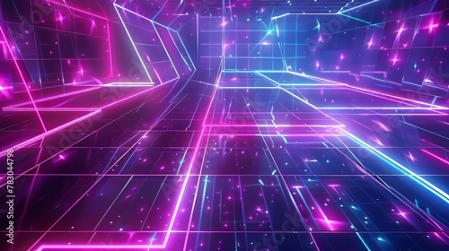 Futuristic geometric grid pattern with neon lights and glowing effects