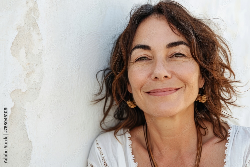 Portrait of a beautiful mature woman with long brown hair and freckles Portrait of a beautiful mature woman with long brown hair and freckles