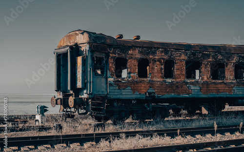 damaged and burnt trains in Ukraine photo