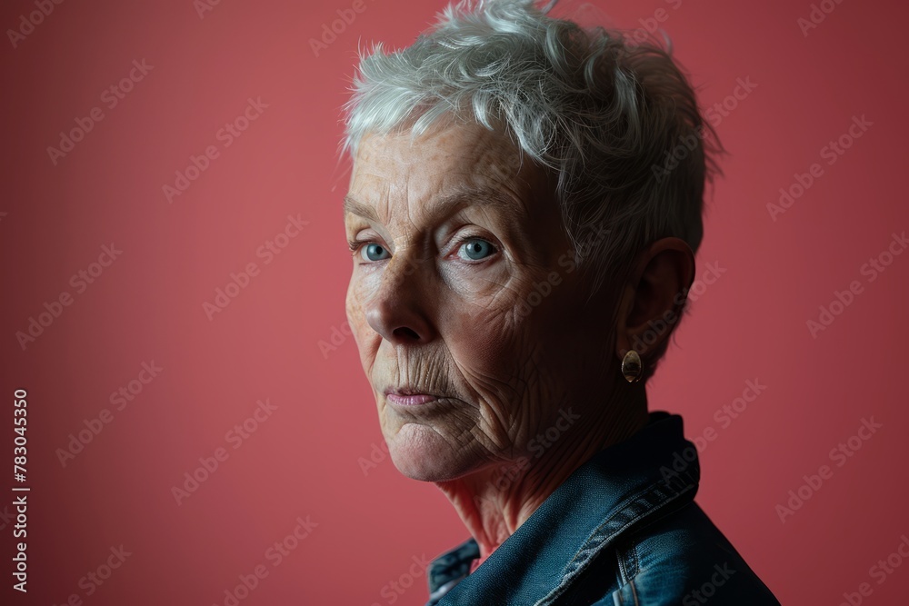 Portrait of an elderly woman on a red background. Studio shot. Portrait of an elderly woman on a red background. Studio shot.