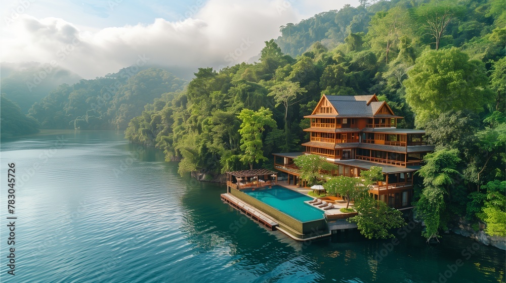 Fototapeta premium Mountain lake scenery with architecture, nature, and reflections Enjoy the beauty of Lake Bled in the mountains.