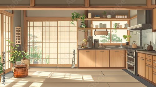 Illustration of a Japanese-inspired kitchen with tatami mats and sliding doors