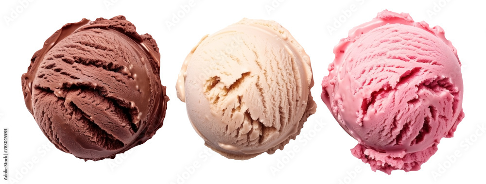 Three scoops of ice cream in chocolate, vanilla, and strawberry flavors on a transparent background Three scoops of ice cream in chocolate, vanilla, and strawberry flavors on a transparent background
