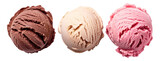 Three scoops of ice cream in chocolate, vanilla, and strawberry flavors on a transparent background