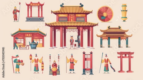 An isolated set of activities related to Chinese local folk religions, including sedan chairs, young men playing instruments, and a temple gate for example, isolated on a beige background.