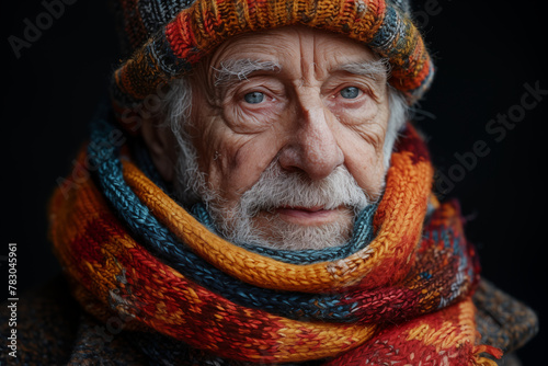 portrait of an old married man with a hand crocheted scarf and cap