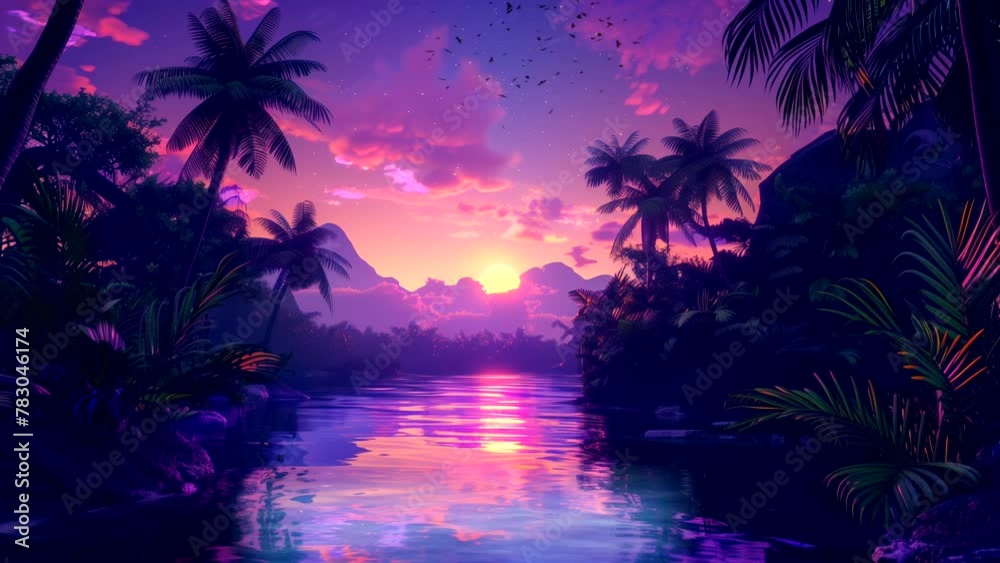 Panoramic sunset in the natural landscape of mountains and lake. seamless looping 4k time-lapse animation video background
