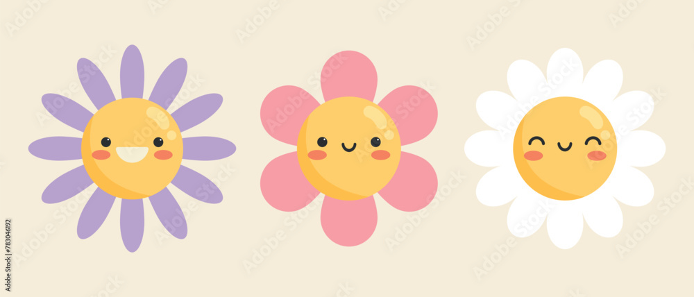 Cute cartoon smiling flower characters set. Childish style. Vector illustration Cute cartoon smiling flower characters set. Childish style. Vector illustration