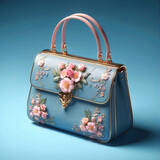 blue fashion handbag with flowers decoration on blue background, romantic design illustration 