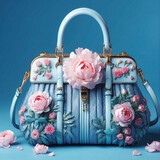 blue fashion handbag with flowers decoration on blue background, romantic design illustration 