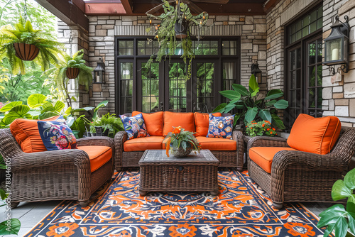Cozy and inviting outdoor patio with plush seating and vibrant orange cushions surrounded by green potted plants