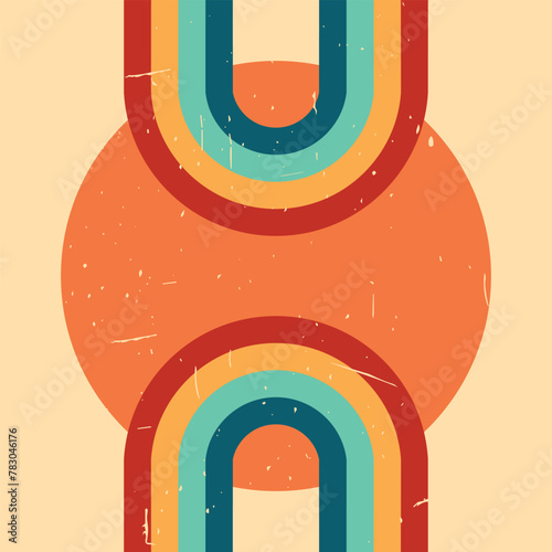Abstract vintage retro background. Rainbow colored stripes and circle. Grunge texture. Vector illustration