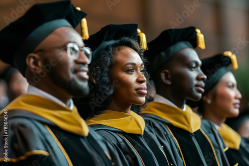 black students in graduation ceremony gowns at school or college with mortar board hat in green, gold and black trim
