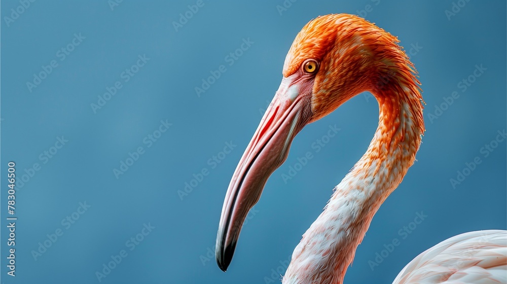 A beautiful pink flamingo with vibrant feathers, standing gracefully in a tropical landscape near a serene pond - obrazy, fototapety, plakaty 