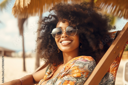 Happy black woman wearing spectacles relaxing on beach deck chair at tropical beach during vacation photo
