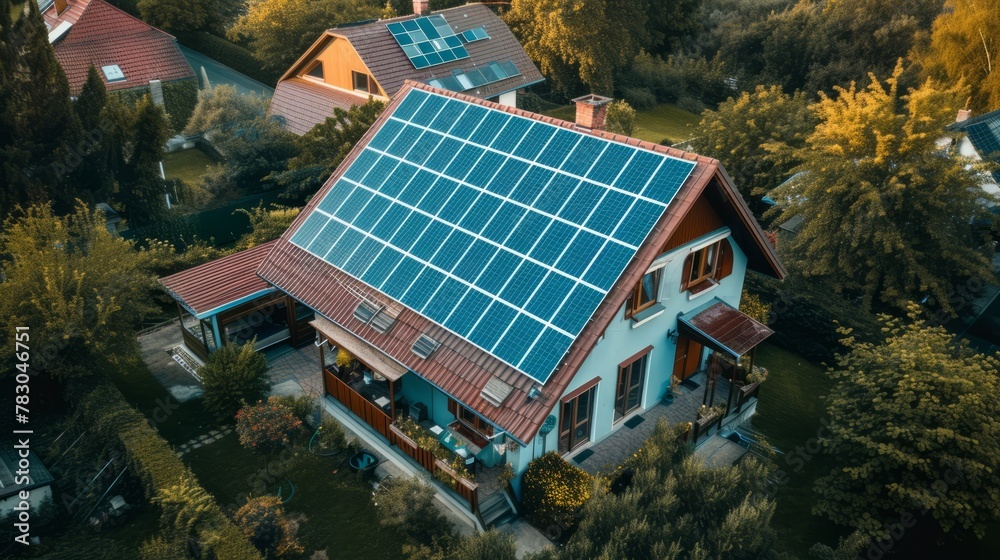Beautiful house with solar panels, illuminated by the sun. Alternative electricity concept, future ecosystem technologies
Beautiful house with solar panels, illuminated by the sun. Alternative electricity concept, future ecosystem technologies