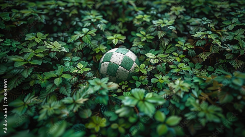 Top view. Soccer ball among green grass. Top view. Soccer ball among green grass.