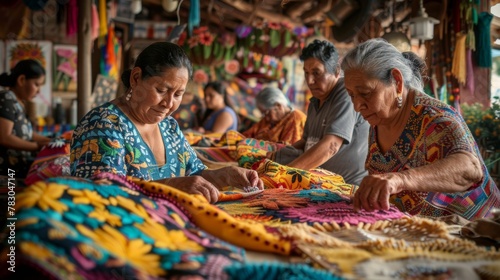 Mexican artisans crafting vibrant embroidery photo