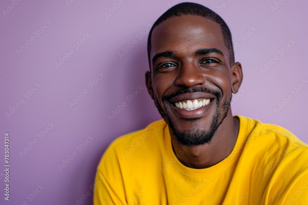 Portrait of a happy young african american man smiling and looking at camera against purple background Portrait of a happy young african american man smiling and looking at camera against purple background