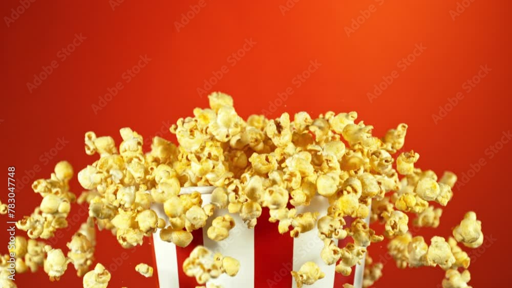 Super Slow Motion of Exploding popcorn from Bucket. Isolated on Red Background. Studio Shot of Flying Food. Filmed on High Speed Cinema Camera, 1000fps. Speed Ramp Effect.