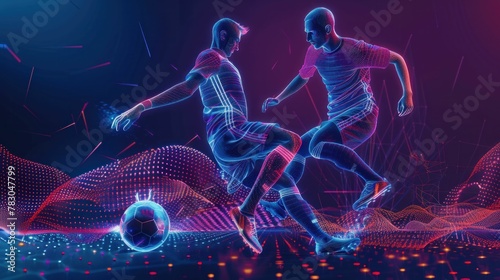 Abstract Soccer Match Two Men Playing Soccer with Glowing Lines in 3D Illustration on Background
