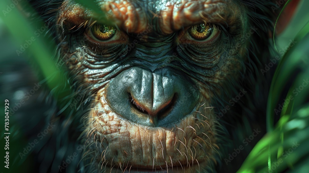 Dominant Ape Leading Troop Through Dense Jungle, Cinematic Lighting Enhancing Its Authority. Dominant Ape Leading Troop Through Dense Jungle, Cinematic Lighting Enhancing Its Authority.