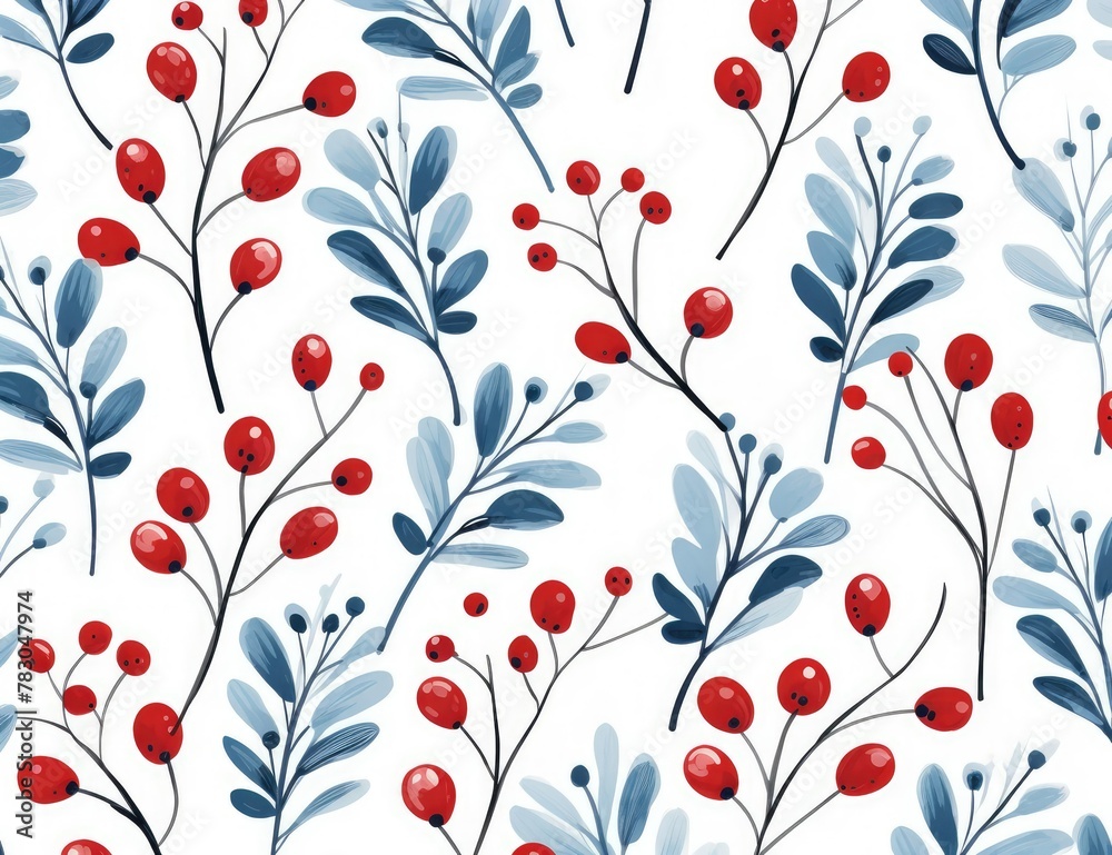 beautiful pattern of winter blue leaves and red berries, on white background, illustrator style beautiful pattern of winter blue leaves and red berries, on white background, illustrator style