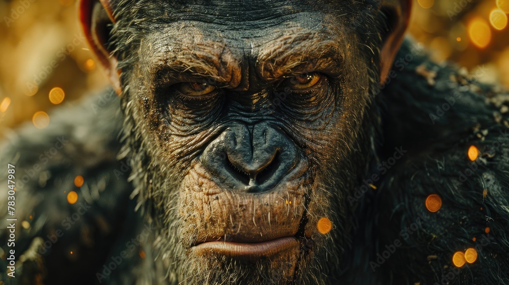 Ape Sentinel Standing Guard on Rocky Outcrop, Dynamic Lighting Emphasizing Its Vigilance Ape Sentinel Standing Guard on Rocky Outcrop, Dynamic Lighting Emphasizing Its Vigilance