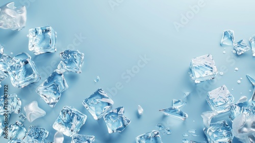 Background with light blue surface covered in ice and groups of ice cubes scattered across it.