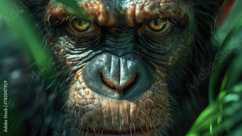 Dominant Ape Leading Troop Through Dense Jungle, Cinematic Lighting Enhancing Its Authority. © pengedarseni
