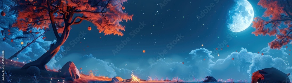 Fototapeta premium Celestial Campfire: Crackling Fire, Marshmallows Roasting Beneath the Harvest Moon's Glow