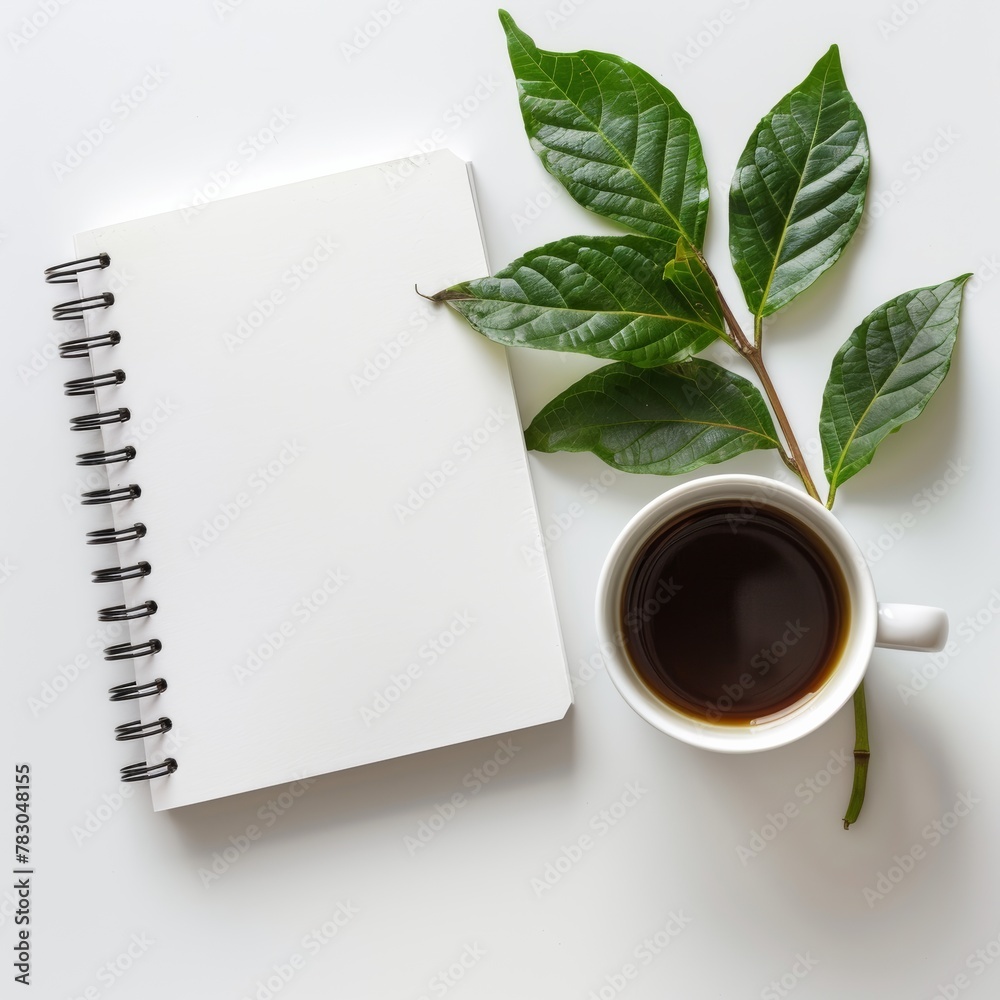 simplicity of a top-down view flat lay photograph, where a blank white spiral notebook is surrounded by coffee cups and fresh green leaves on a table, all set against a clean white background