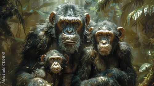 Ape Family Trekking Across Lush Rainforest Floor, Soft Morning Light Illuminating Their Journey