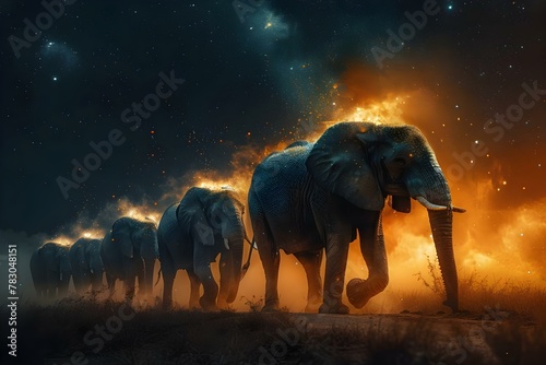 Starlit Procession of the Elephants. Concept Night Photography, Wildlife, Cultural Celebration, Elephant Conservation, Traditional Festivals